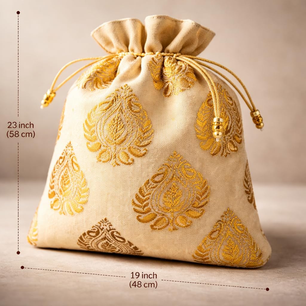 Rajasthan Kraft Gold Banarasi Tissue Pack Of 12 Potli Bag, 23x19 cm Brocade Look Foil Print Drawstring Potli For Wedding & Diwali Return Gifts, Festive Favor Bags, Potli Bag for Women