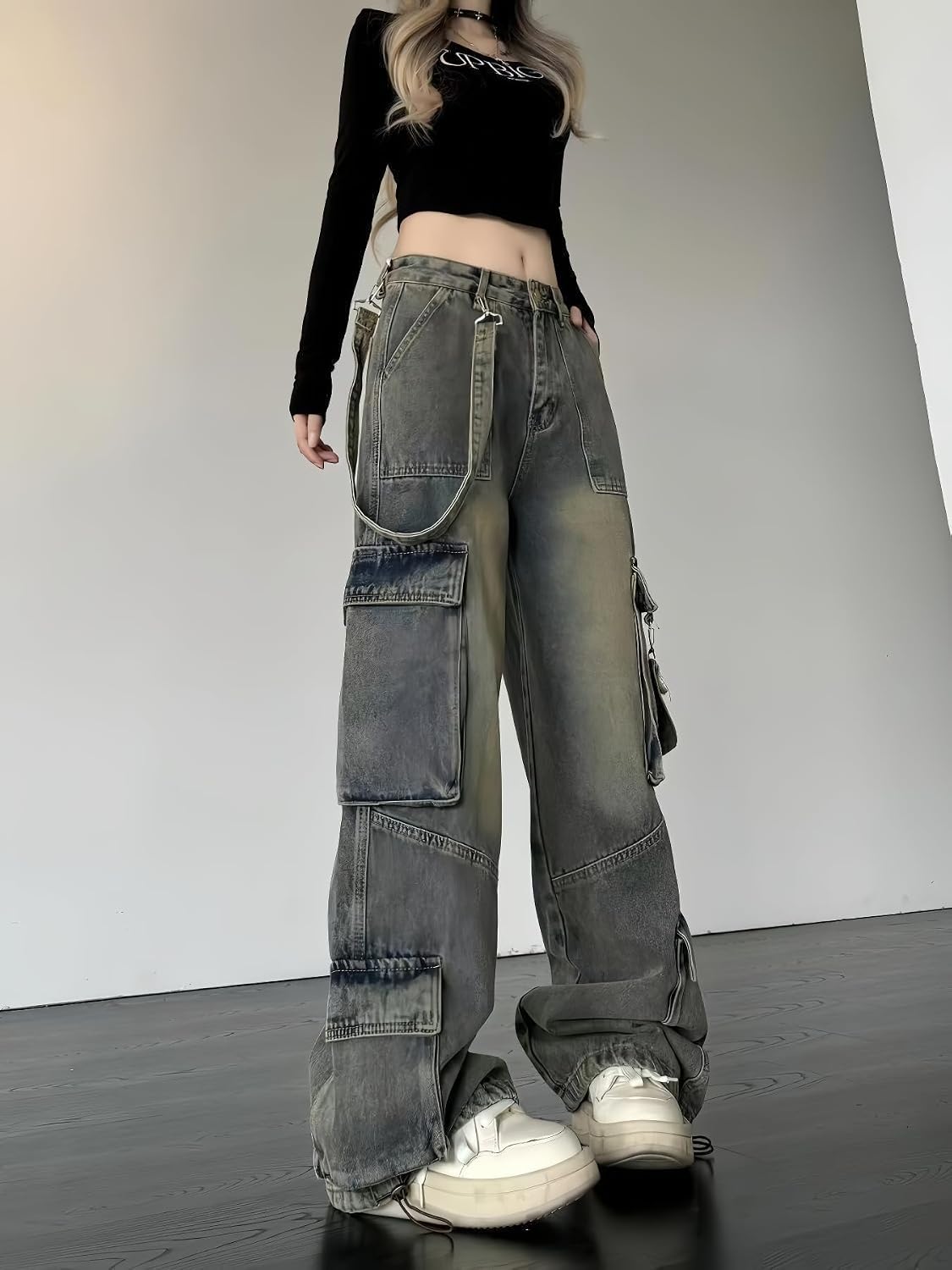 Baggy Cargo Jeans for Women Y2K High Rise Multi Pockets Wide Leg Jeans Trousers Street Grunge Denim Cargo Pants