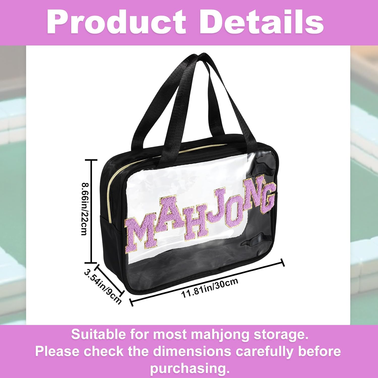 Empty Mahjong Bag, 11.81x8.66x3.54in PVC Material Clear American Mahjong Tile Travel Carrying Storage Case with Smooth Zipper and Sewn-in Chenille Lettering Patterns for Game Lovers(Only Bag, Black)