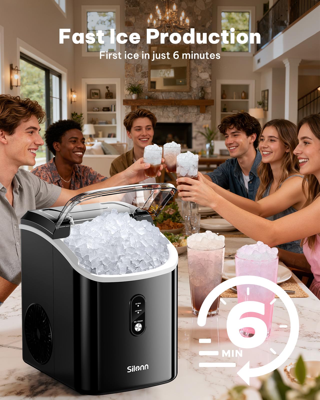 Silonn Nugget Ice Makers Countertop, 38lbs/24h Chewable Pellet Ice Machine With Self Cleaning Function, Portable Pebble Ice Maker With Ice Scoop For Home Kitchen Office, Black on Fridge.com - View 5