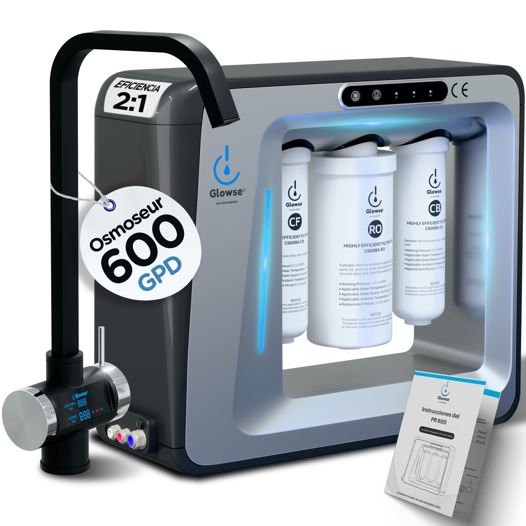 PR600 Osmoseur Inverse Domestique 7 Étapes Sans Réservoir Sous Évier | Sans réservoir, sous évier, robinet digital TDS, alerte changement filtre, installation facile