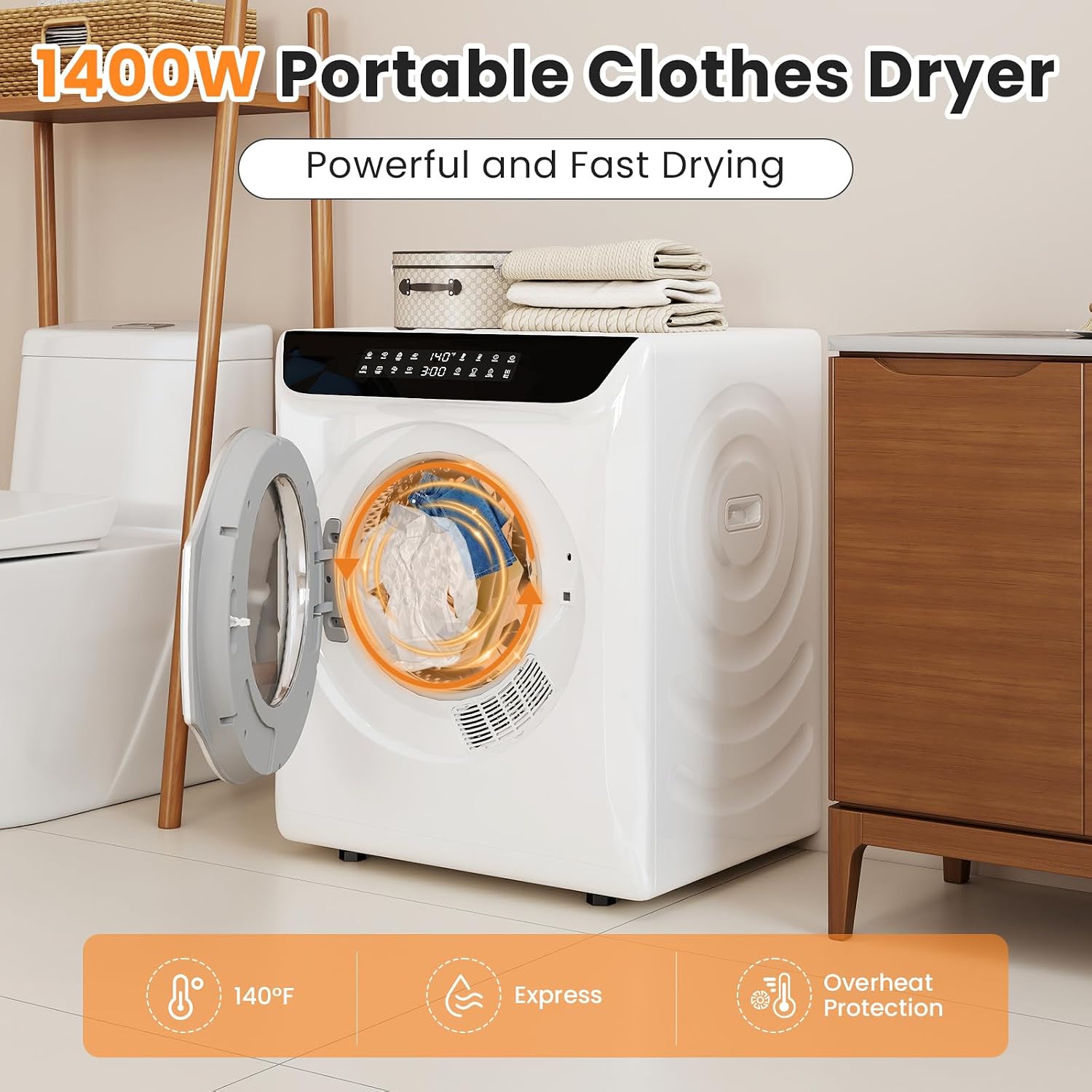 Zynkez 2.8 Cu.Ft Portable Clothes Dryer, 1400W Compact Electric Dryer with Shoe Dryer & Stainless Steel Tub, Front Load Tumble, 5 Modes, Portable Dryers for Laundry, Apartments, Dorms, RVs