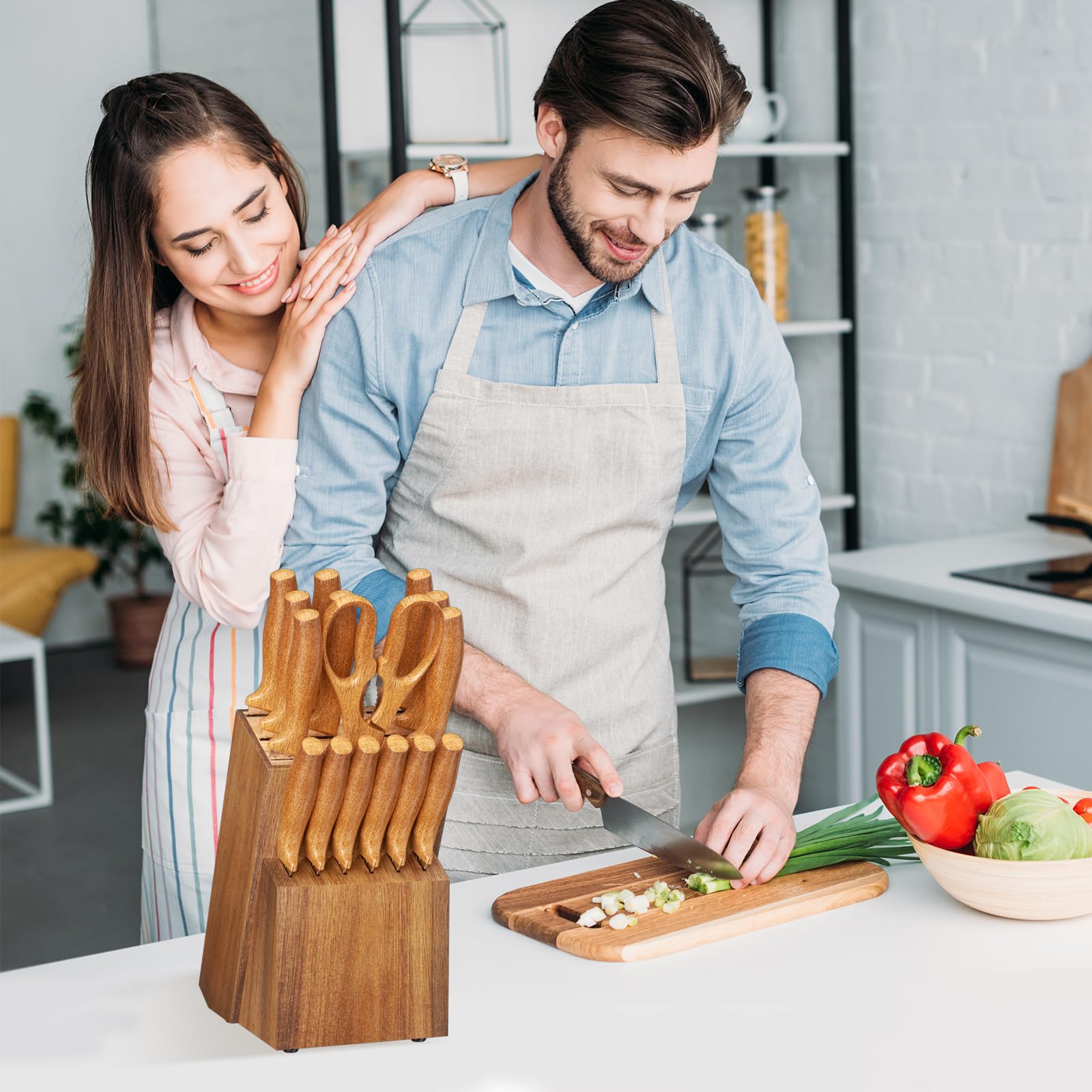 Range Couteaux de Cuisine, Bloc à Couteaux en Bois, Porte Couteau Universel, 14 Fentes, Bloc Couteau de Cuisine Vide avec Aiguiseur Intégré et Ciseaux, Pieds Antidérapants, Pin