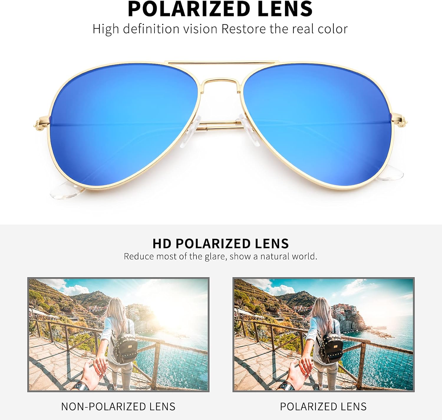 livho Sunglasses for Men Women Aviator Polarized Metal Mirror UV 400 Lens Protection (Gold Purple/Blue) - Image 4