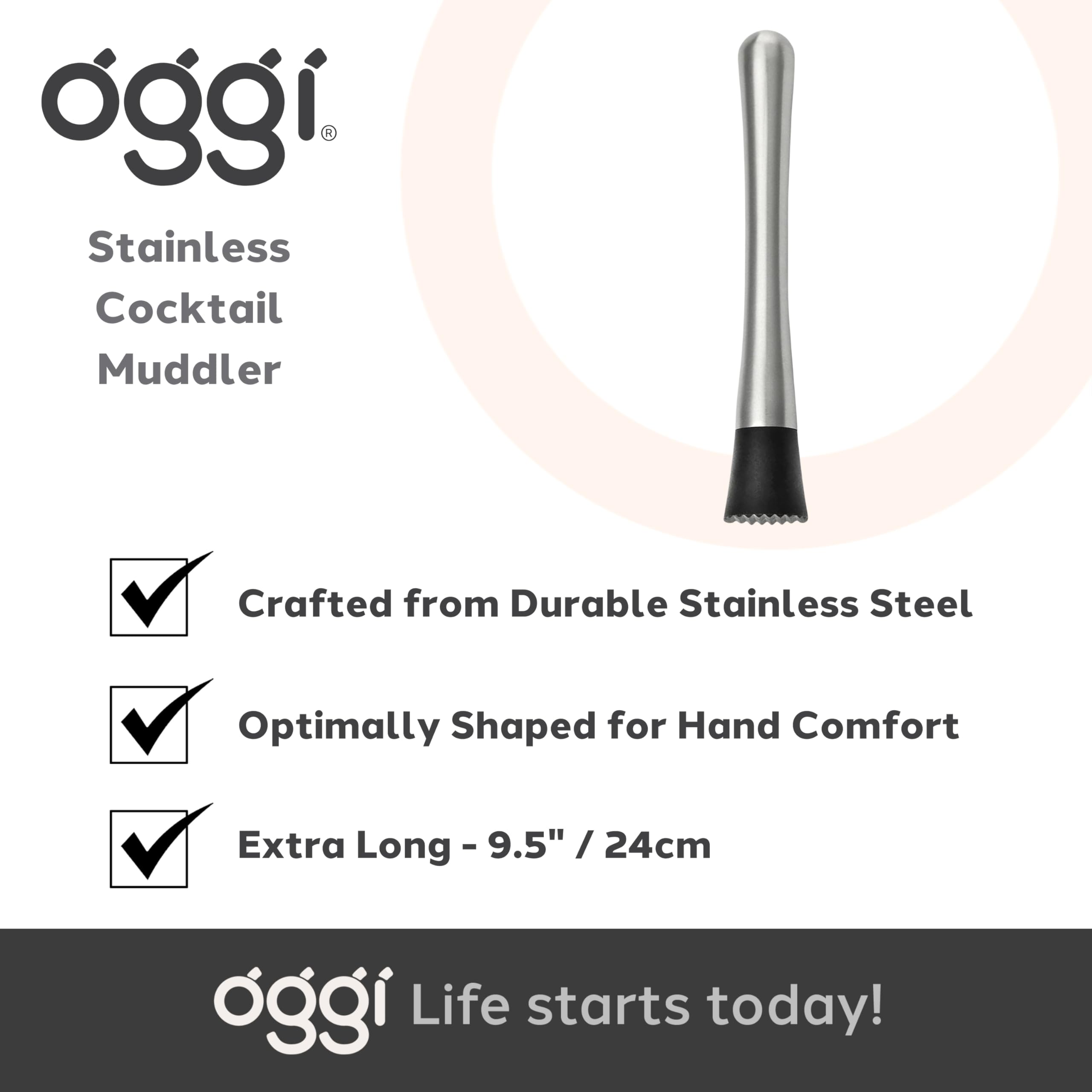 Oggi Cocktail Muddler, 9.5" / 24cm, Stainless Steel