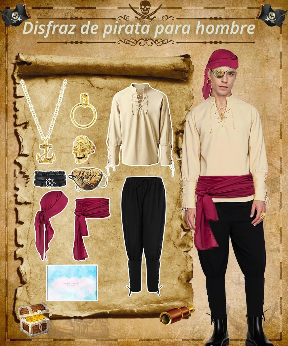 Disfraz Pirata Hombre, Disfraz Medieval Renacentista con Bandana Accesorios | Disfraces Carnaval Hombre, Regalo para Adultos, Disfraces de Pirata para Carnaval, Fiesta, Halloween y Cosplay