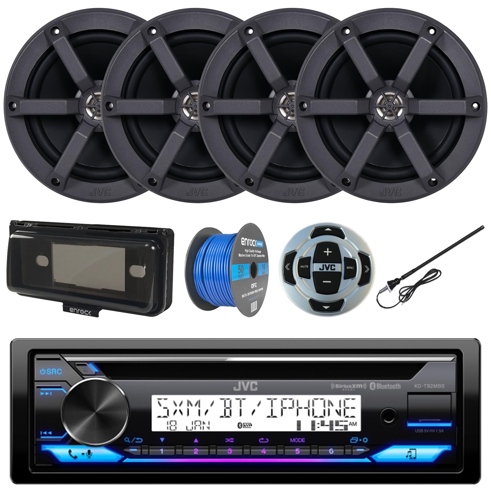 In-Dash Single DIN Headunit Bluetooth Radio USB AUX AM/FM CD Player Marine Receiver w/ Wired Remote, 2 Pairs (QTY 4) 6.5