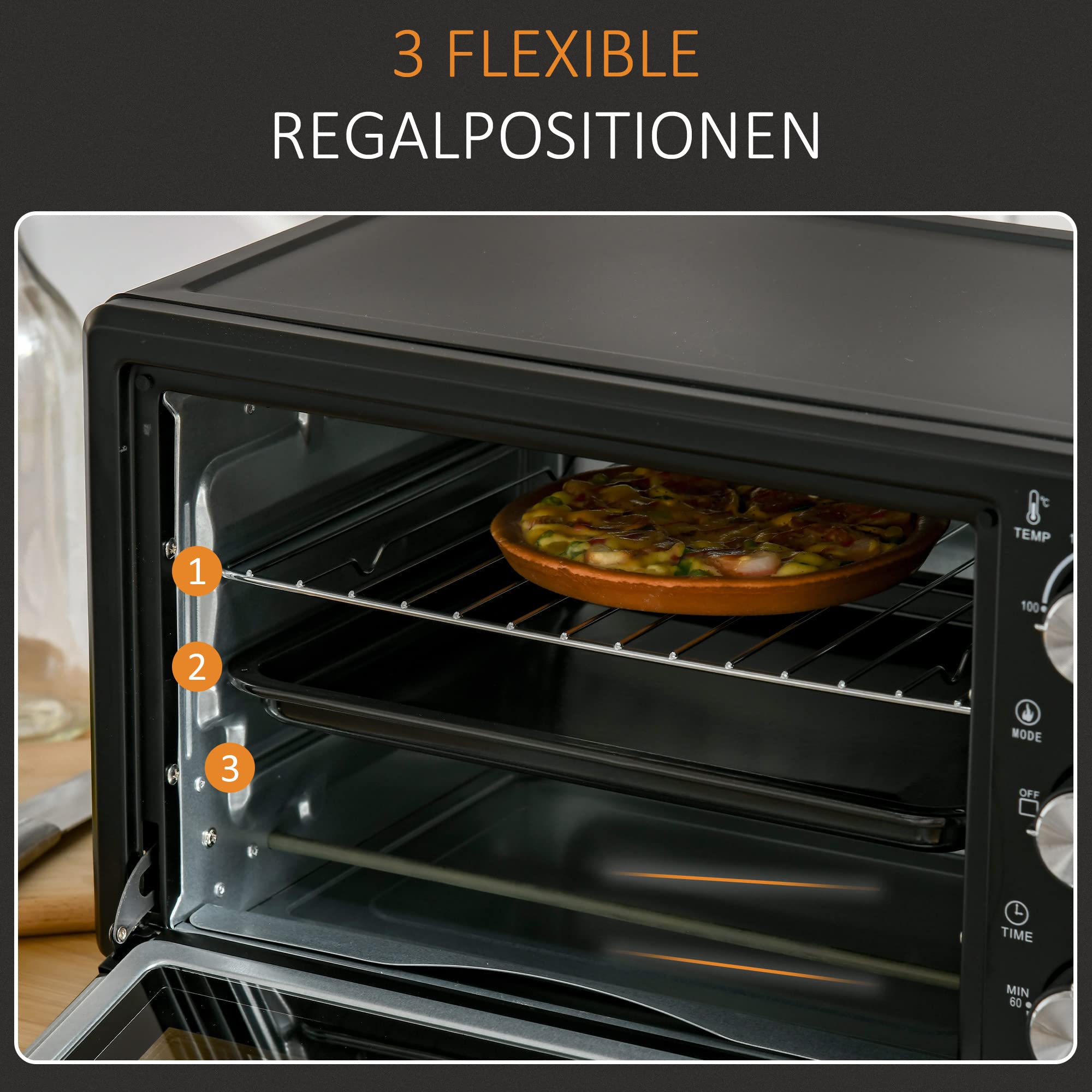 HOMCOM Mini Backofen 21 L 1400W 100-230℃ 60 Min. Timer inkl. Krümelblech, Backblech, Grillrost Fenster, Minibackofen Pizza-Ofen, Schwarz