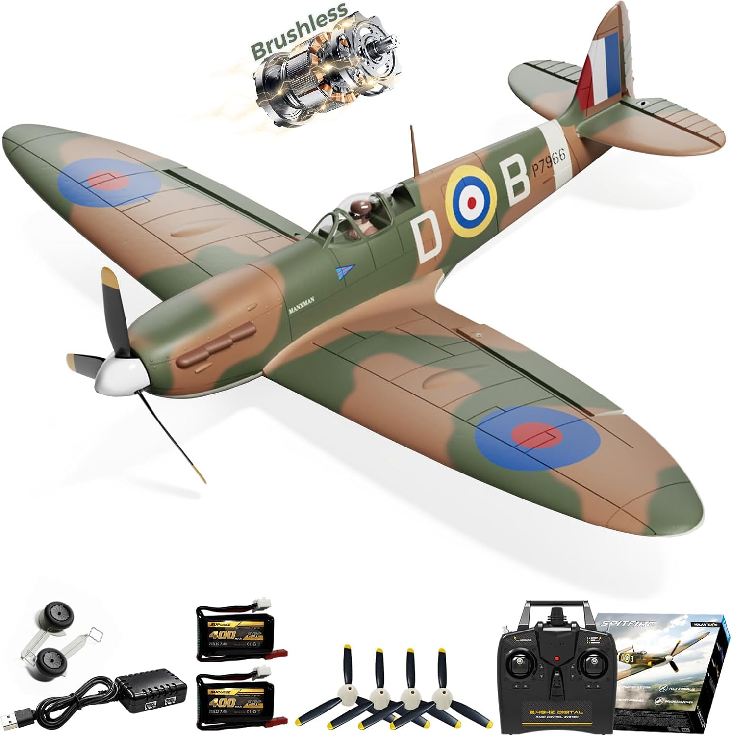 CKYSCHN Brushless RC Plane Spitfire 500mm - 4CH VOLANTEXR RC Airplane with 6-Axis Gyro, 2.4G RTF Remote Control Airplane for Adults, 3 Level Modes & Aerobatics