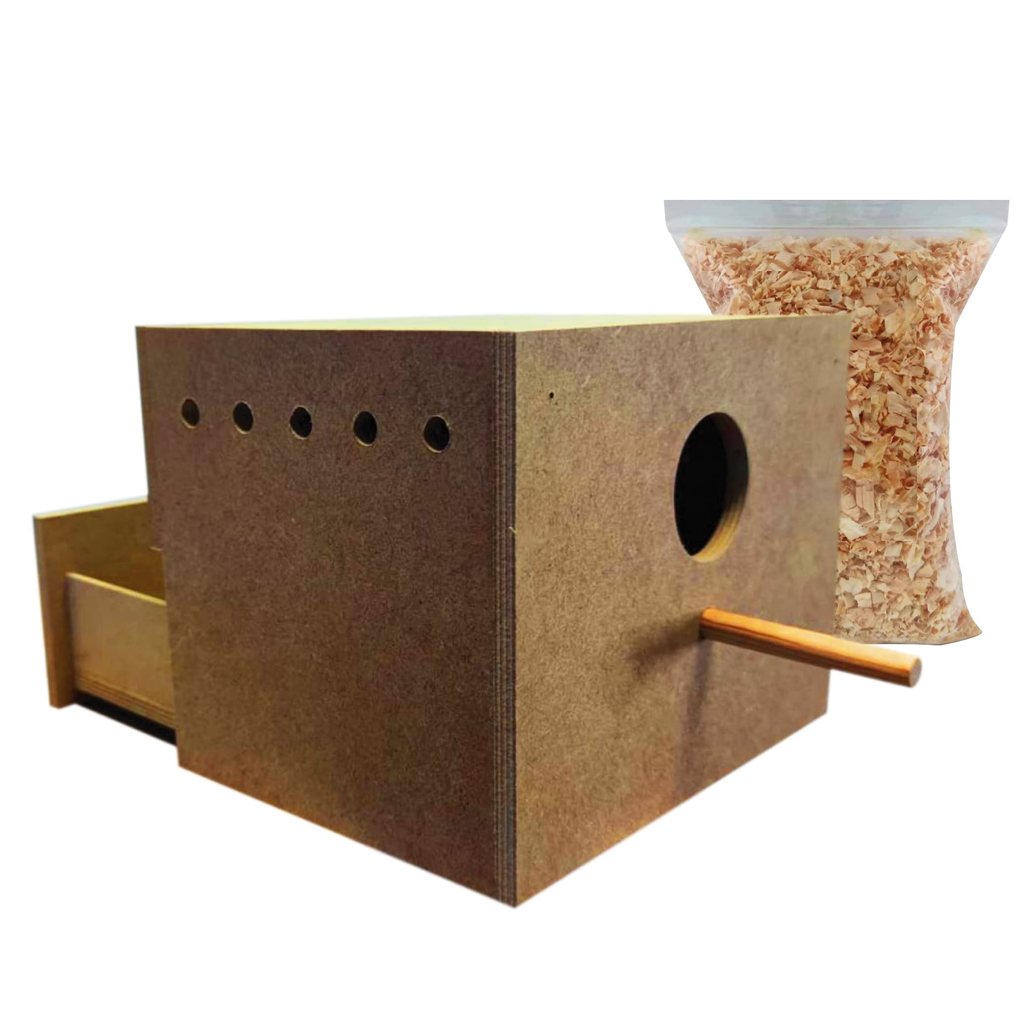 nestQ Nido Grande con Cajon para Periquitos Y Agapornis de Madera con Cama de Viruta y Enganches para Jaulas, Casita de Cría para Pájaros, Nidal para la Jaula de Aves 20cm x 15,5cm x 16cm