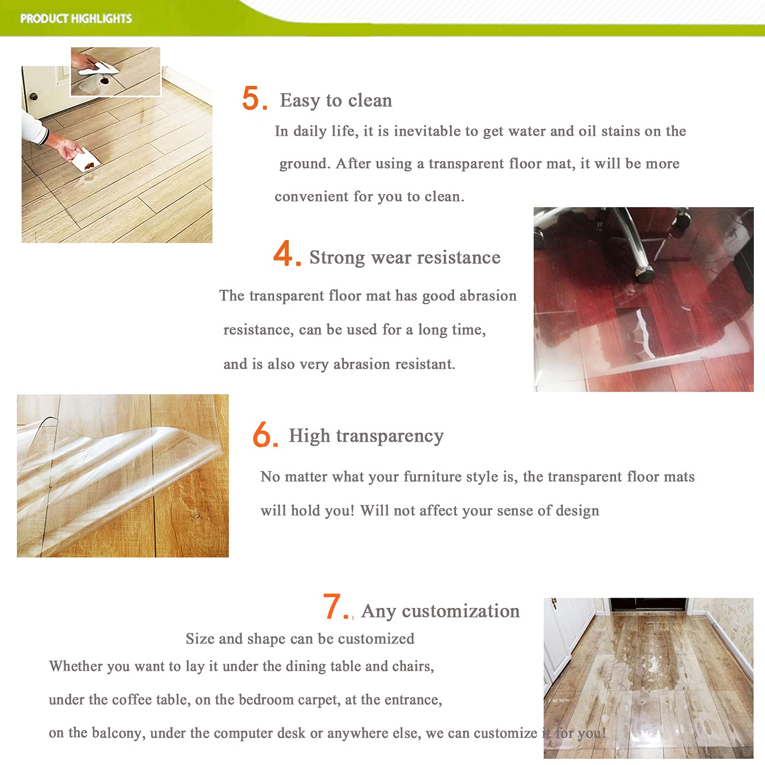Tappetino trasparente per sedie per pavimenti in legno duro, protezione in plastica trasparente, tappetino in PVC per ingresso, camera da letto, ufficio, sedia girevole per pavimenti in legno,
