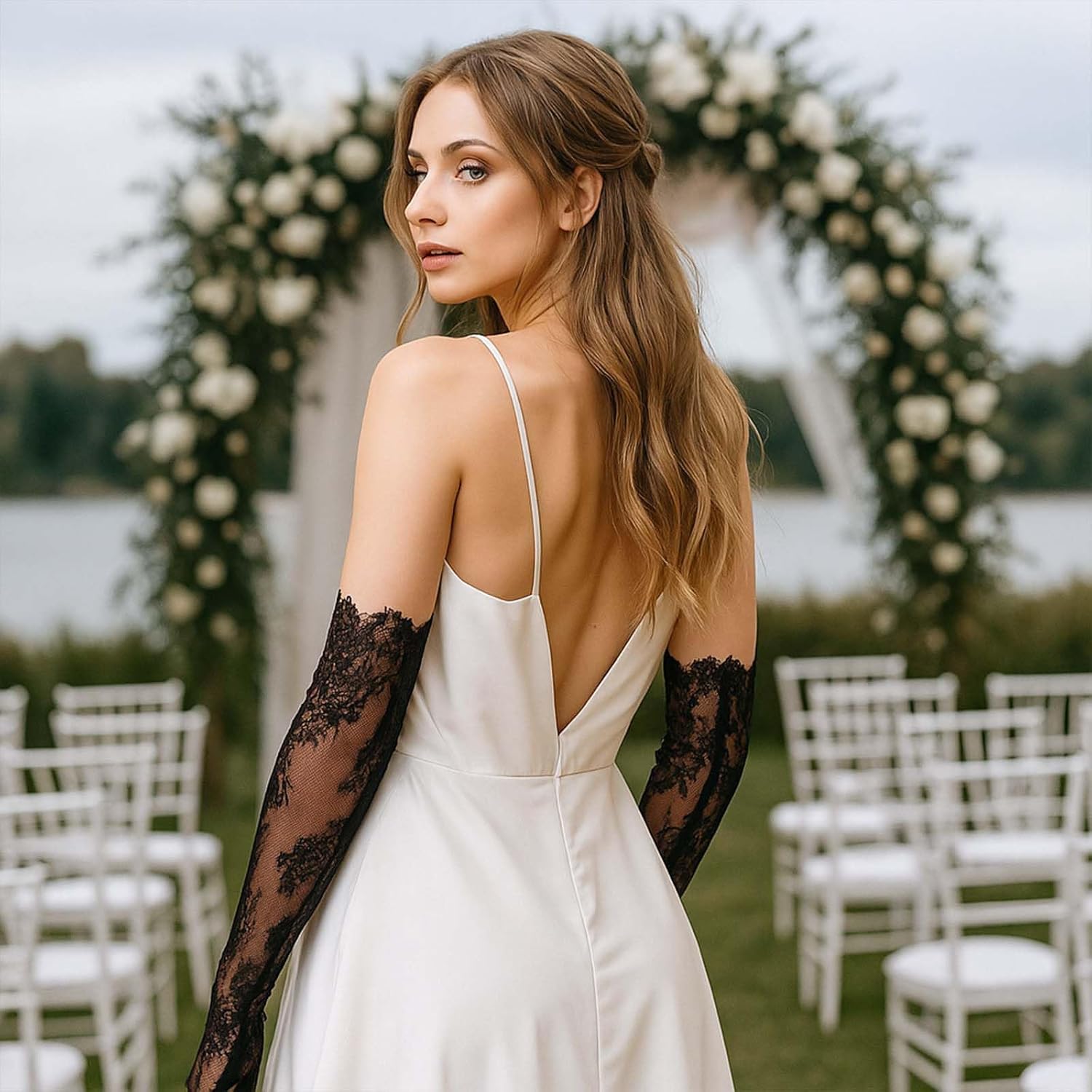 Lace Gloves Women Long Floral Elbow Length Mesh Tulle Sheer Opera Gloves Tea Party Wedding Bridal Party Cosplay - Image 4