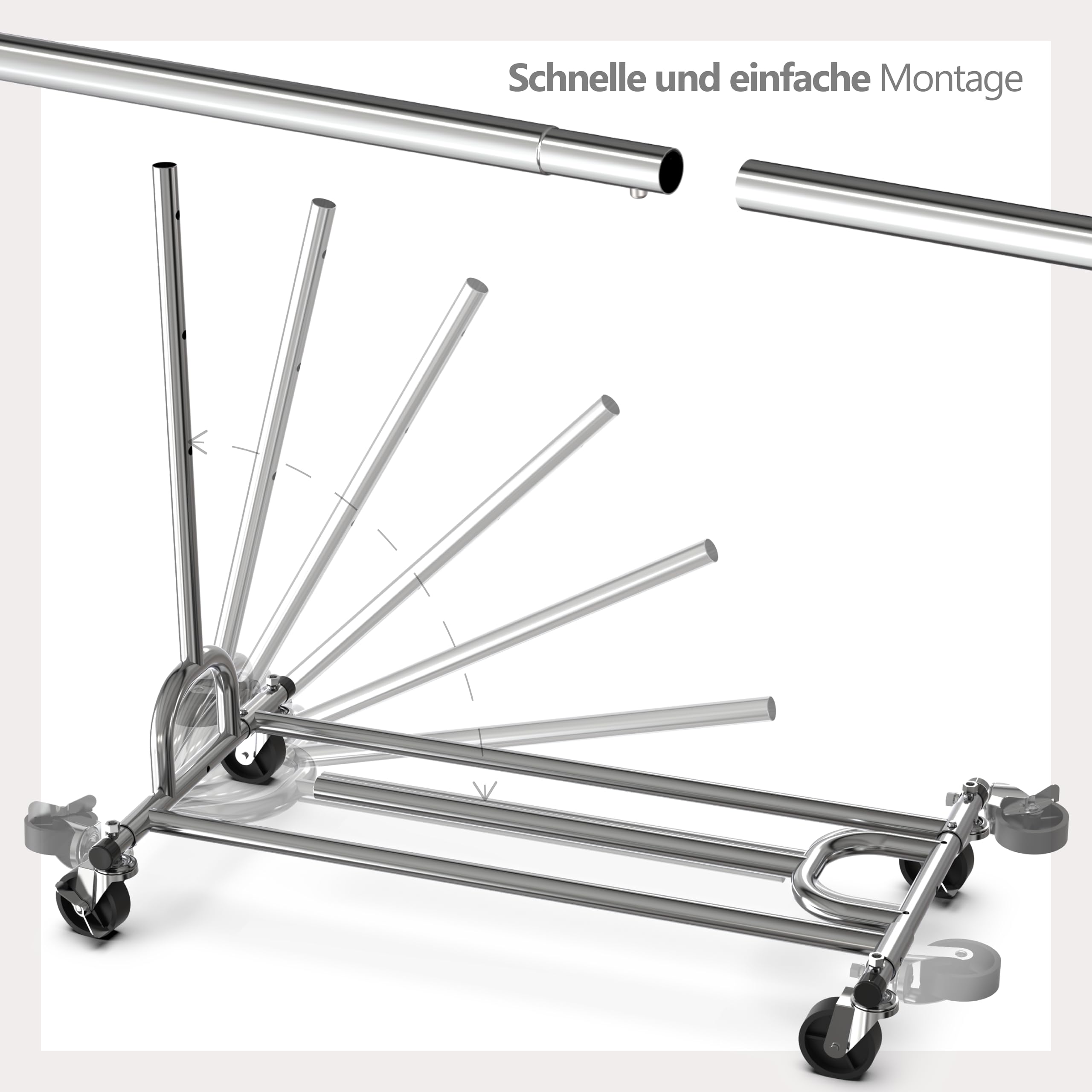 PORTENTUM Kleiderständer stabil aus Stahl höhenverstellbar mit Rollen und Bremsen – Höhenverstellbar zwischen 149 und 174 cm – Bis 180 kg Traglast – Kleiderstange rollen Stahl 45 x (92–132) cm Breite