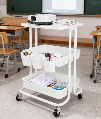 Carrito de cocina de almacenamiento de 3 niveles con mesa, marco de metal blanco con cestas de plástico, carrito móvil funcional con ruedas,