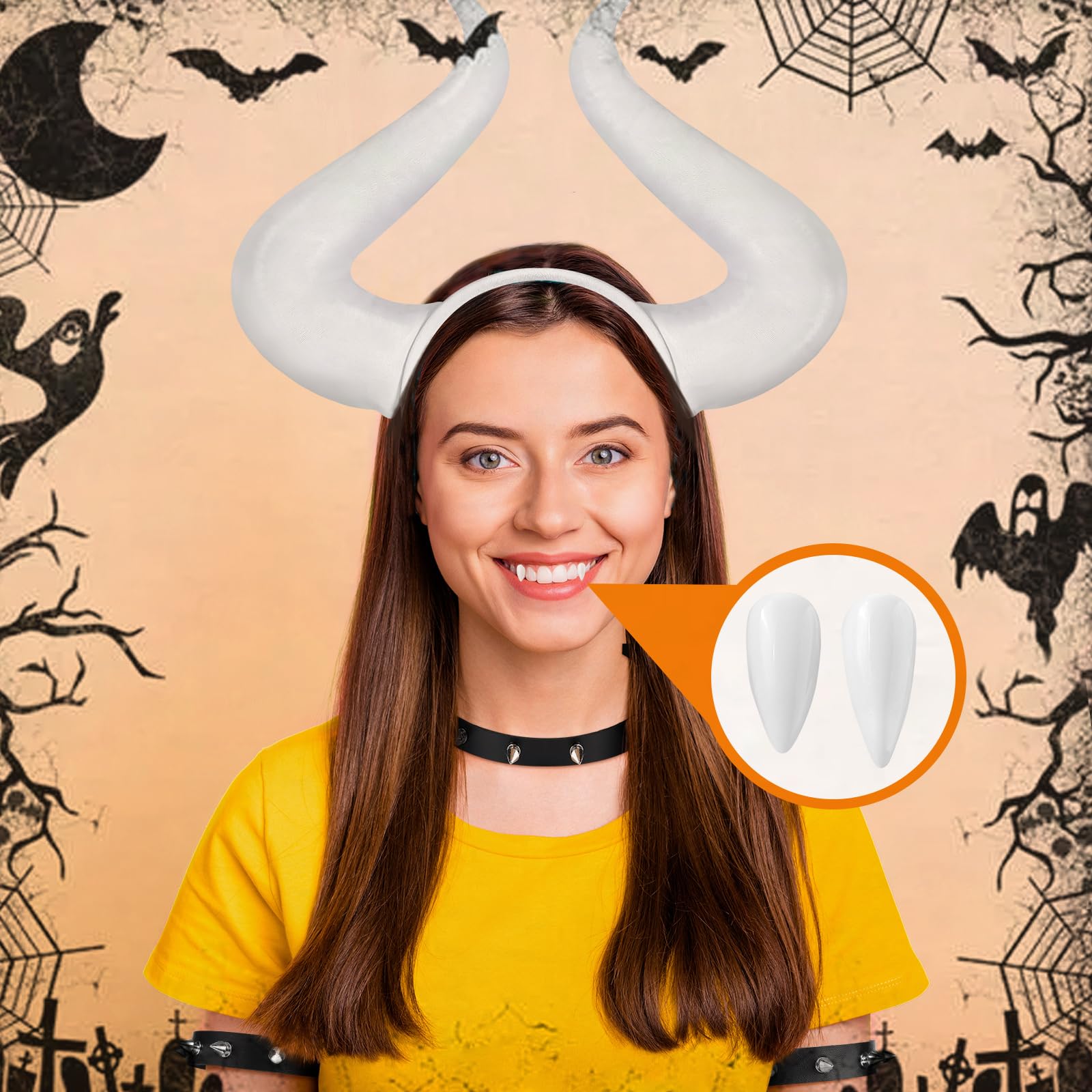 12 Pcs White Horns Halloween Cosplay Accessories Includes Horns Headband Spike Bracelet Leather Studded Bracelet Vampire Teeth Choker Cuff Fake Nails for Women Halloween Party Cosplay