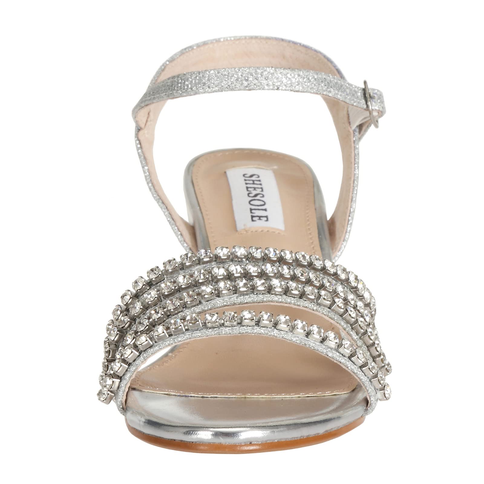 SheSole Women's Strappy Low Block Chunky Heels Open Toe Rhinestone Sandals Wedding Shoes for Bride Dress Pumps Shoes Silver US 10