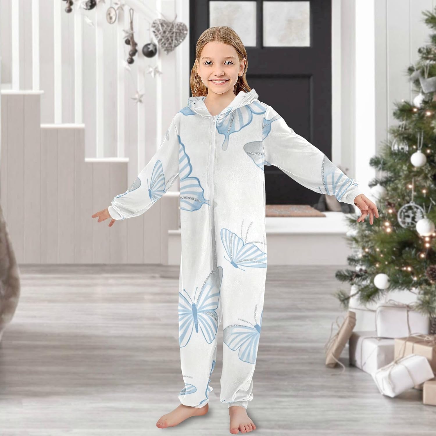 Blue Striped Butterfly WhiteOnesie PajamasCute Soft Hooded Home Casual Pjsfor Christmas Home