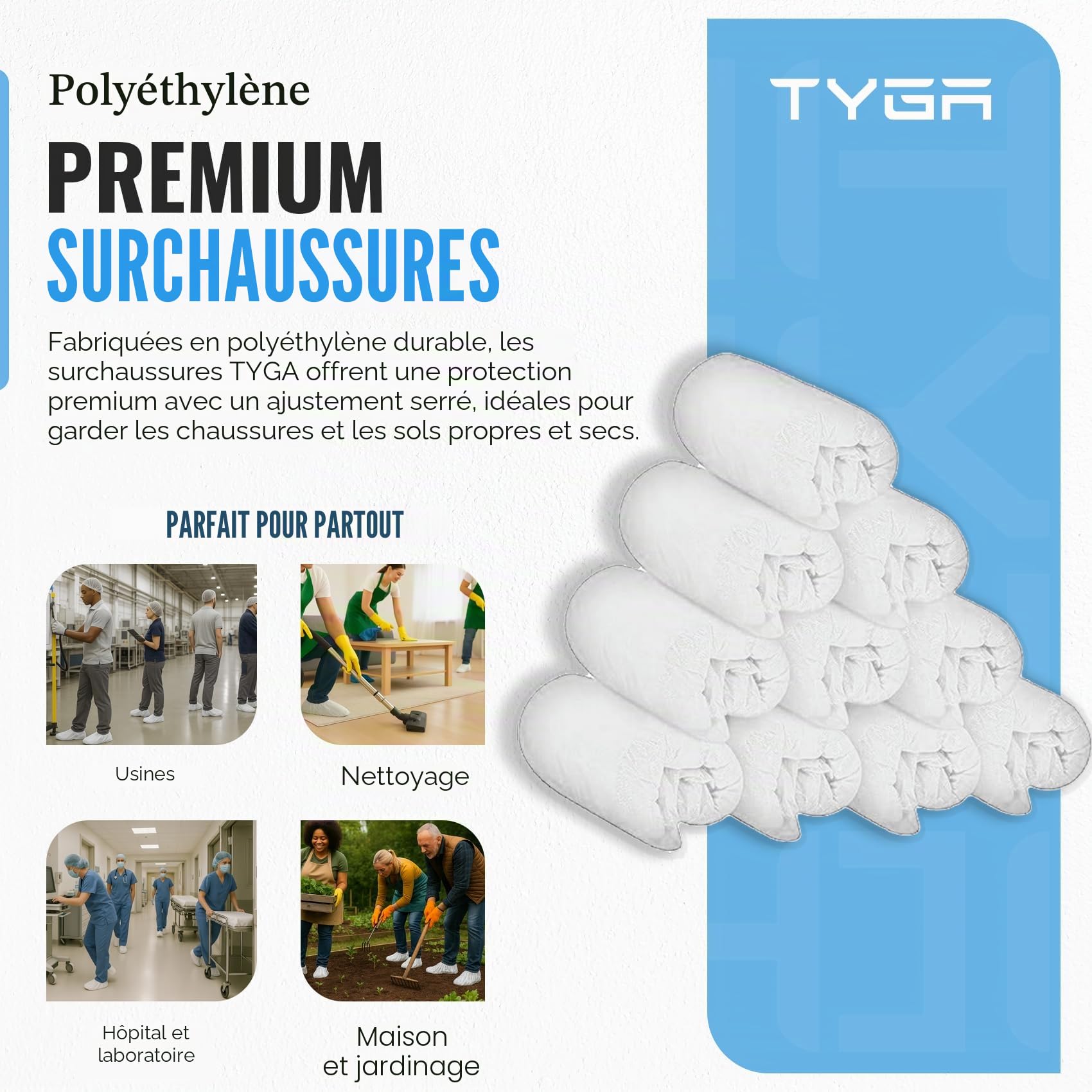TYGA Lot de 100 couvre-chaussures imperméables en relief antidérapants pour protéger le sol, la moquette, le nettoyage, utilisation en intérieur/extérieur, blanc