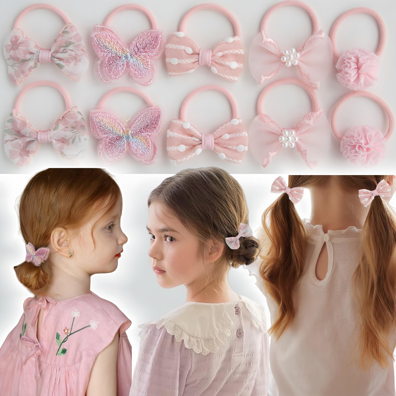 KAQILE 10 Stück Haargummis für Kinder, Bunt Elastisch Haargummis, Soft Bow Haarband, Haargummi mädchen, Pferdeschwanz Inhaber Haarzubehör für Kleine Mädchen Kinde (10Stück Rosa)