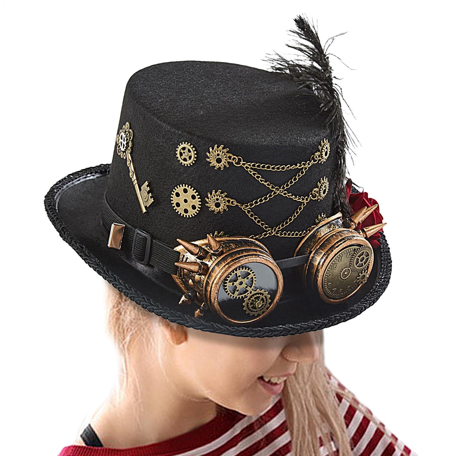 Sombrero punk de vapor | Sombrero de copa de Halloween con gafas vintage – Sombrero ajustable para disfraz de ferias renacentistas, circo, cosplay, adolescentes, mujeres, hombres y adultos