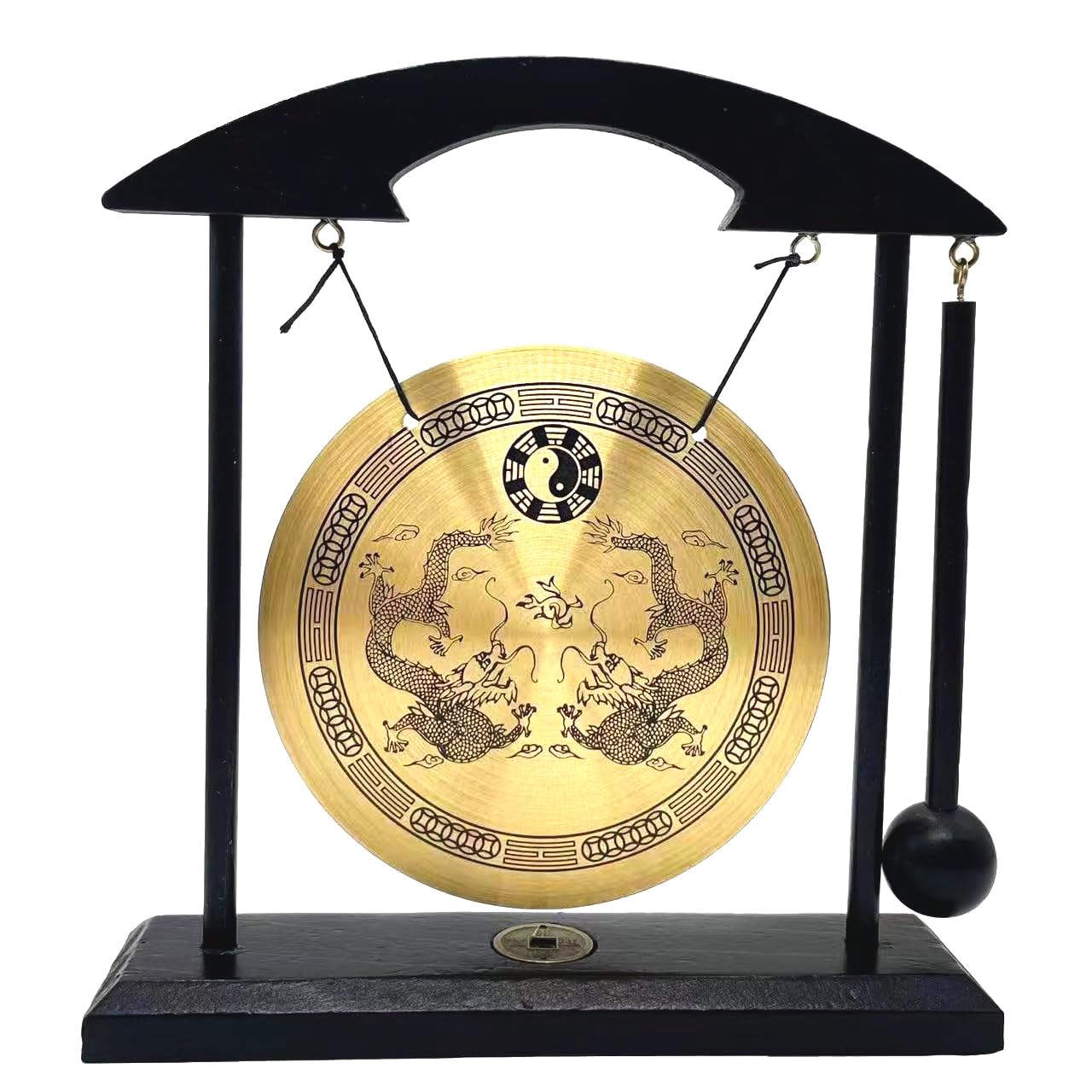 Chinese Desktop gong Fengshui Mini Table top gong Attached Mallet Chan Sect Musical Instruments Family Decorations Attached red Rope bracele (Double Dragons)