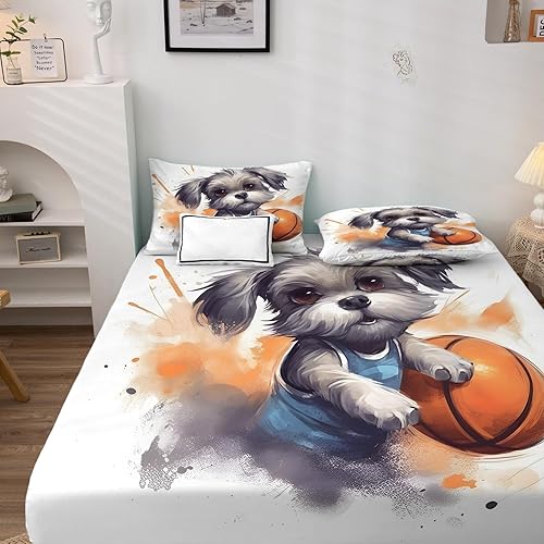 Miniatura 2 de Schnauzer - Juego de sábanas de baloncesto, sábanas y fundas de almohada estampadas, 4 piezas, sábana bajera ajustable de microfibra suave con