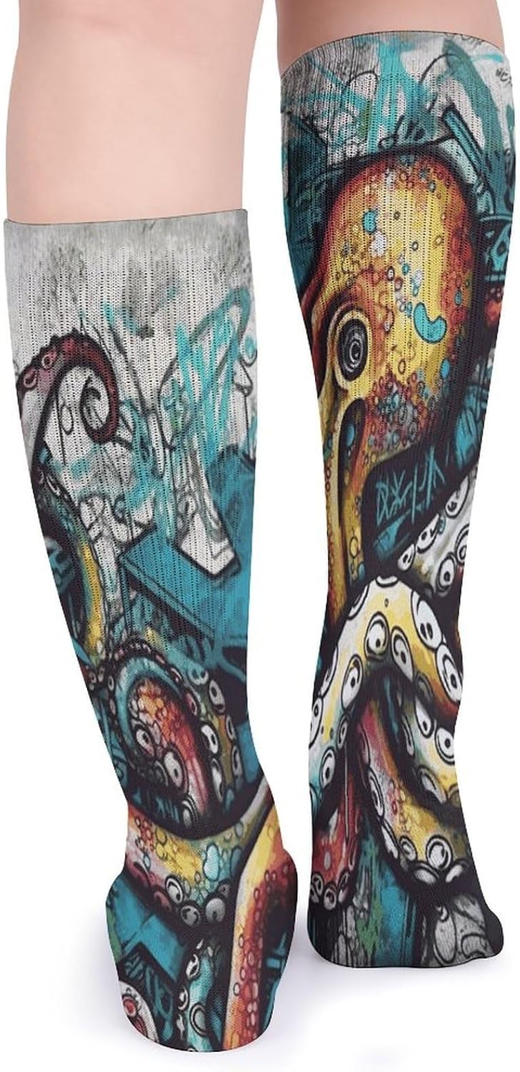 Color Graffiti Octopus Crew Socks Cozy Casual Calf Socks Lightweight Long Work Sock Breathable Athletic Sock for Hiking Sports Running 5 Pairs