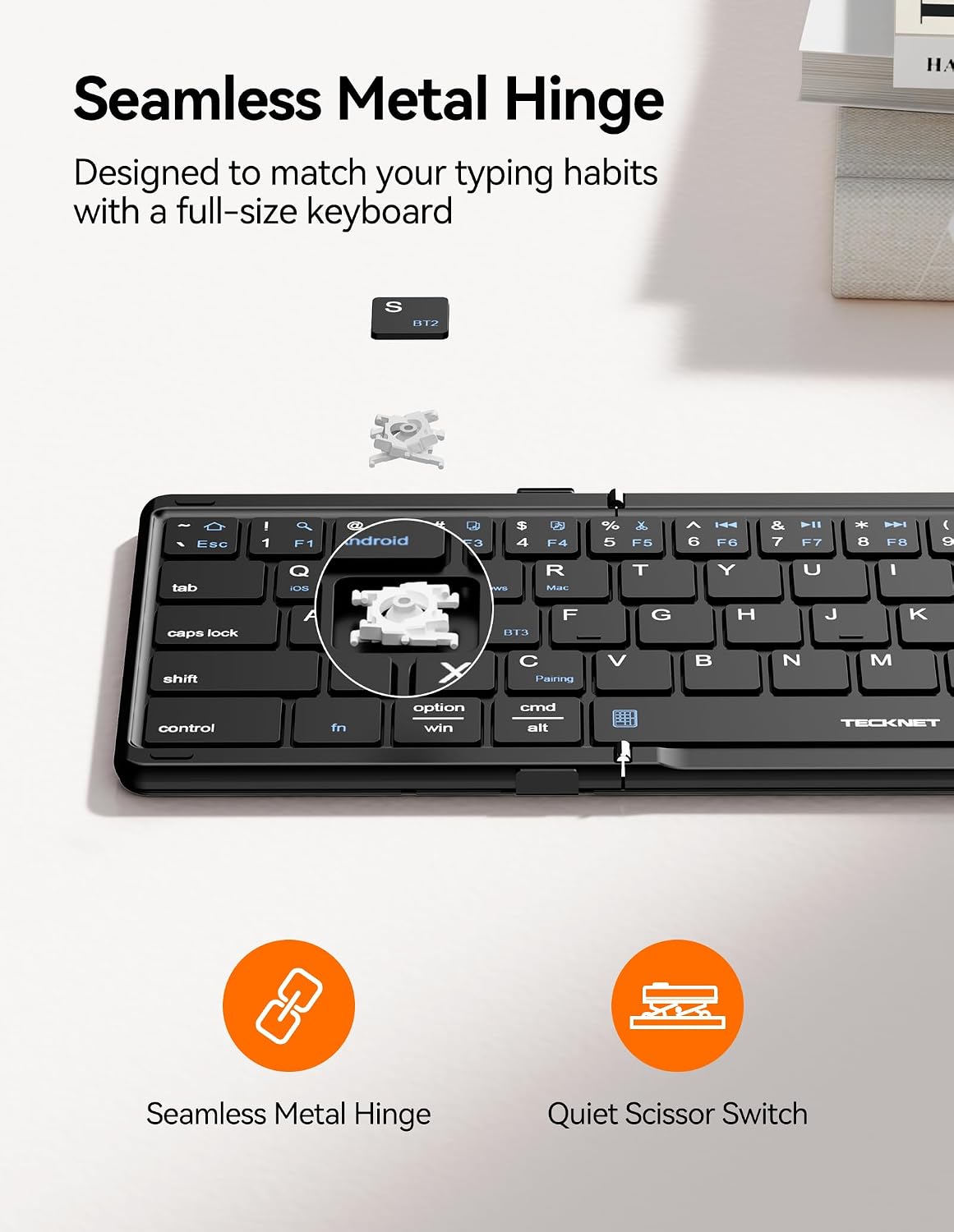 TECKNET Foldable Bluetooth Keyboard with Touchpad & Numpad, Connects to 3 Devices, USB-C Rechargeable Portable Keyboard for Laptop, iPad, Phone, iOS, macOS, Android, Windows (Black)