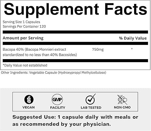Miniatura 2 de FOLIUS LABS Bacopa Monnieri Cápsulas 750mg  Suplemento herbario con 40% Bacosides Bacopa Monnieri  Ayuda a apoyar la memoria y la capacidad