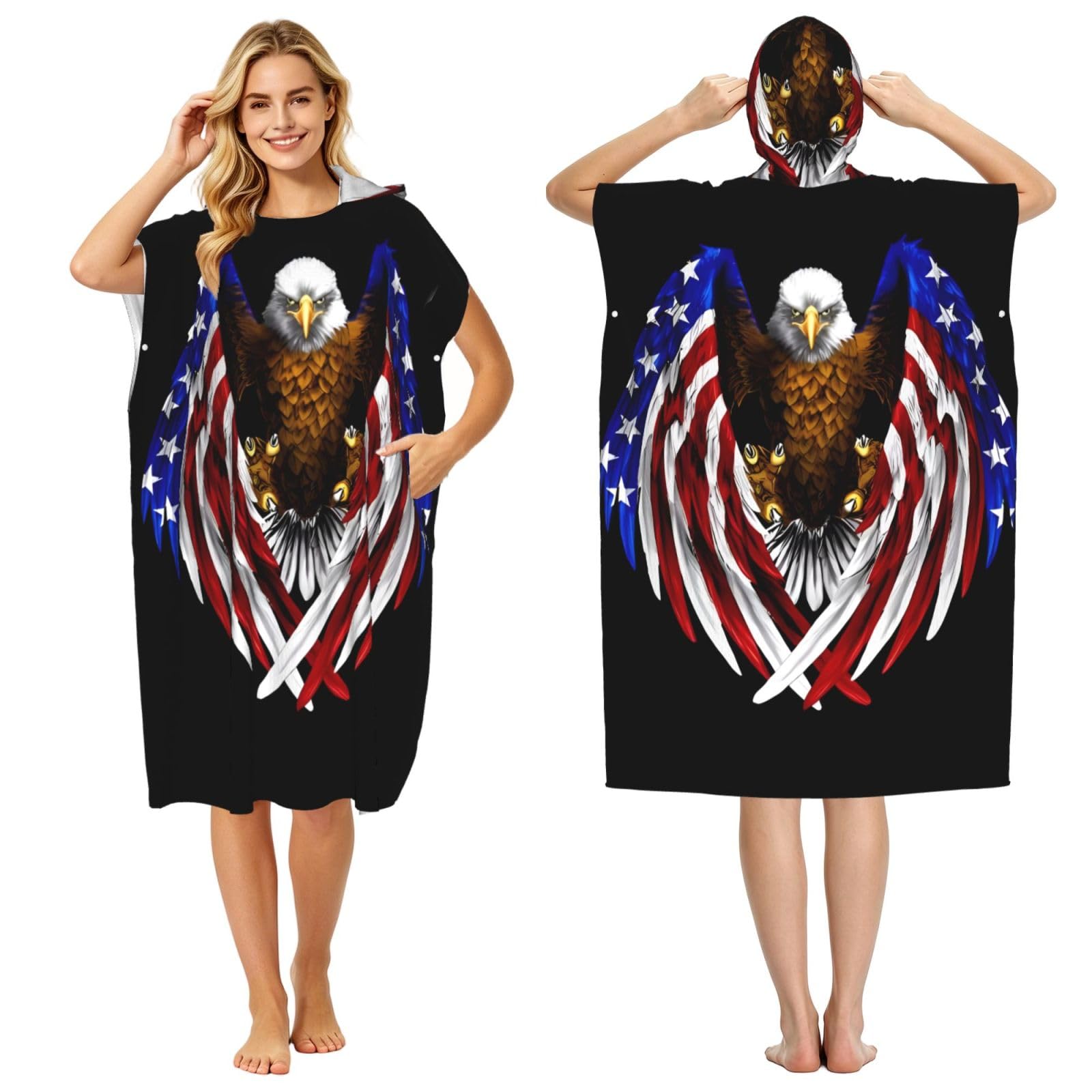 DTHKJNLSF Usa Flag Patriotic Eagle Adult Hooded Beach Poncho Towel