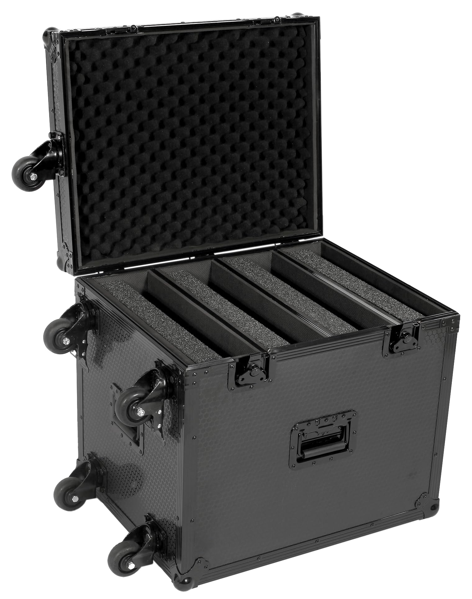 UDG Ultimate Flightcase 4 CDJ/Mixer Plus Rollen, Schwarz (U91101BL) | 9-mm-Sperrholzschale; Schmetterlingsverriegelungen; verstärkte Eckschützer; Trolley- und Radsystem; Schauminnere