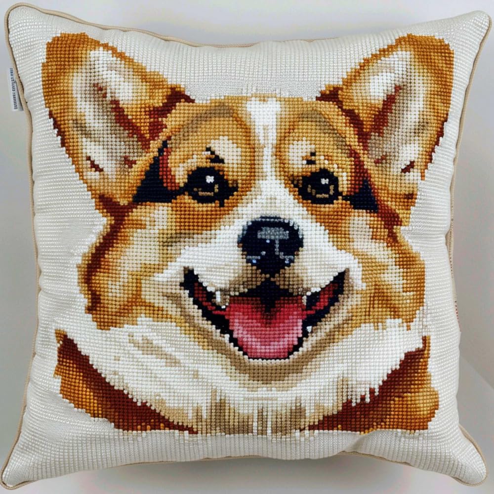 RKFLGEW Latch Hook Cushion Kits Corgi Animal Pillowcase Sewing Making Kits DIY Crochet Yarn Kits Embroidery Kits Pillowcase/Cushion Cover Making Kits 43x43cm