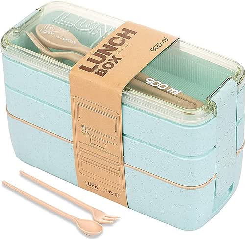 Rarapop Green Stackable Bento Lunch Box Kit, 3-In-1 Compartment Wheat