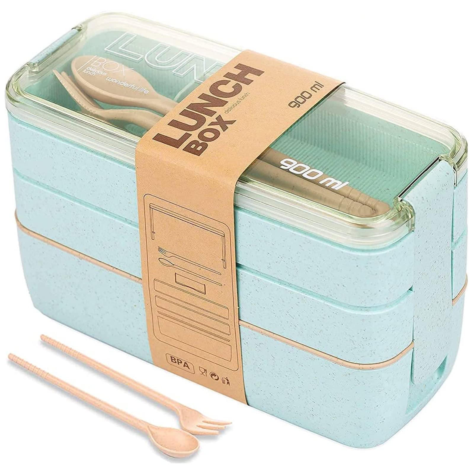 Photo 1 of Rarapop Green Stackable Bento Lunch Box Kit, 3-In-1 Compartment Wheat Straw Lunch Containers with Tableware, Reusable On-the-Go Meal and Snack Containers