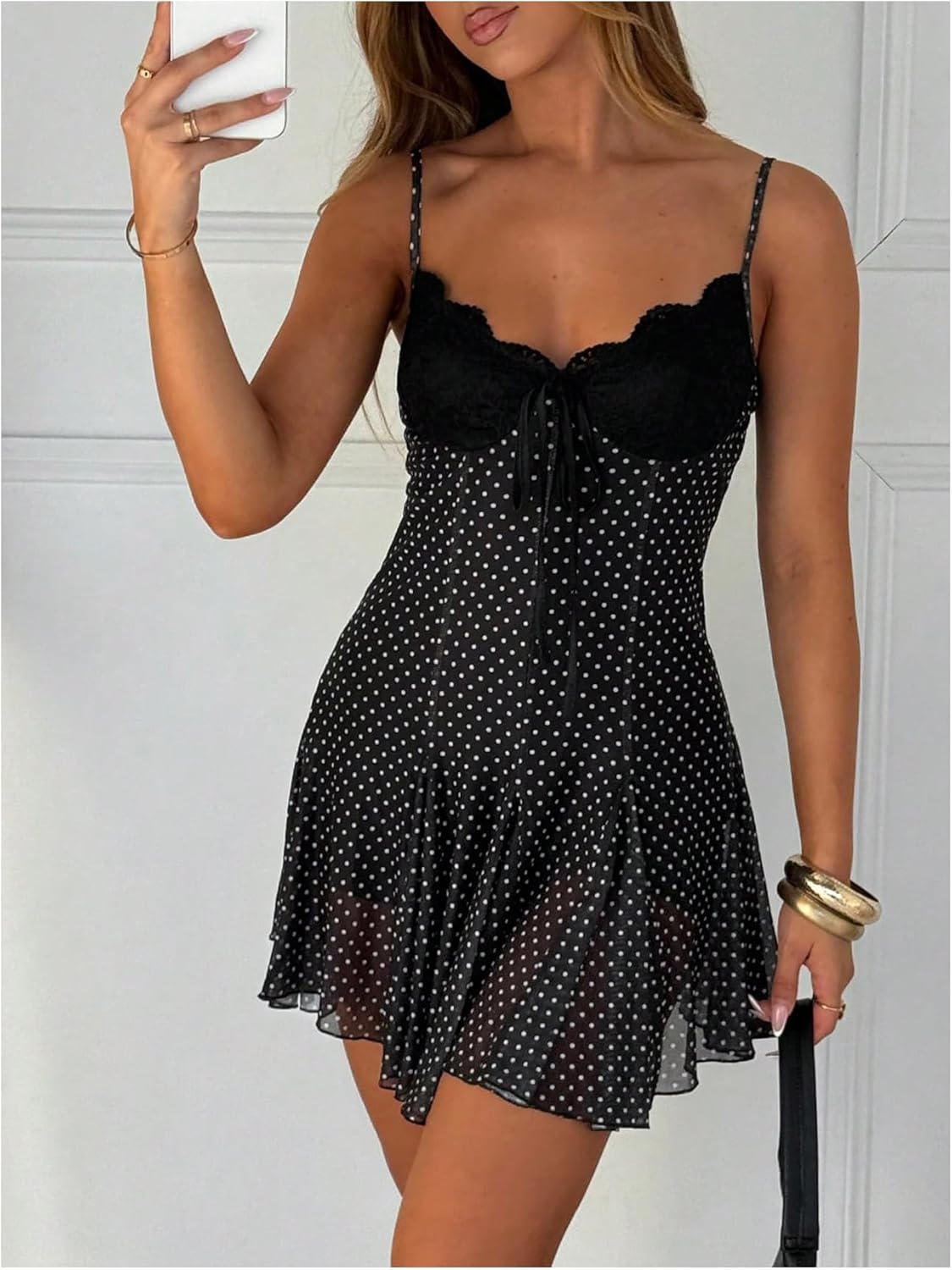 GORGLITTER Women's Polka Dots Mini Dress Y2k Lace Mesh Bow Tie Front V Neck A Line Dresses Coquette Clothes