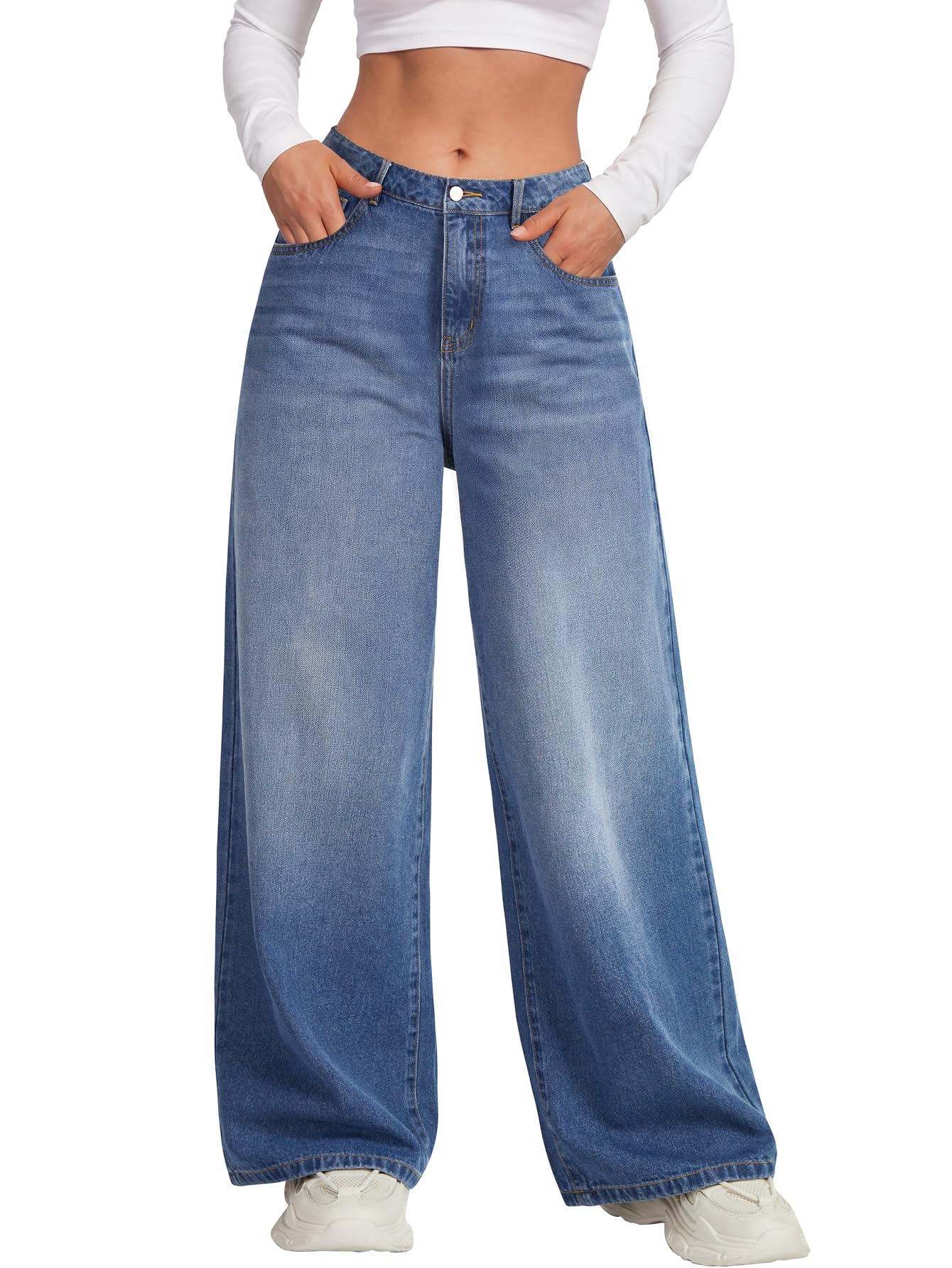 LYANER Women's Mid Waist Wide Leg Baggy Vintage Casual Jeans Denim Pants with Pockets