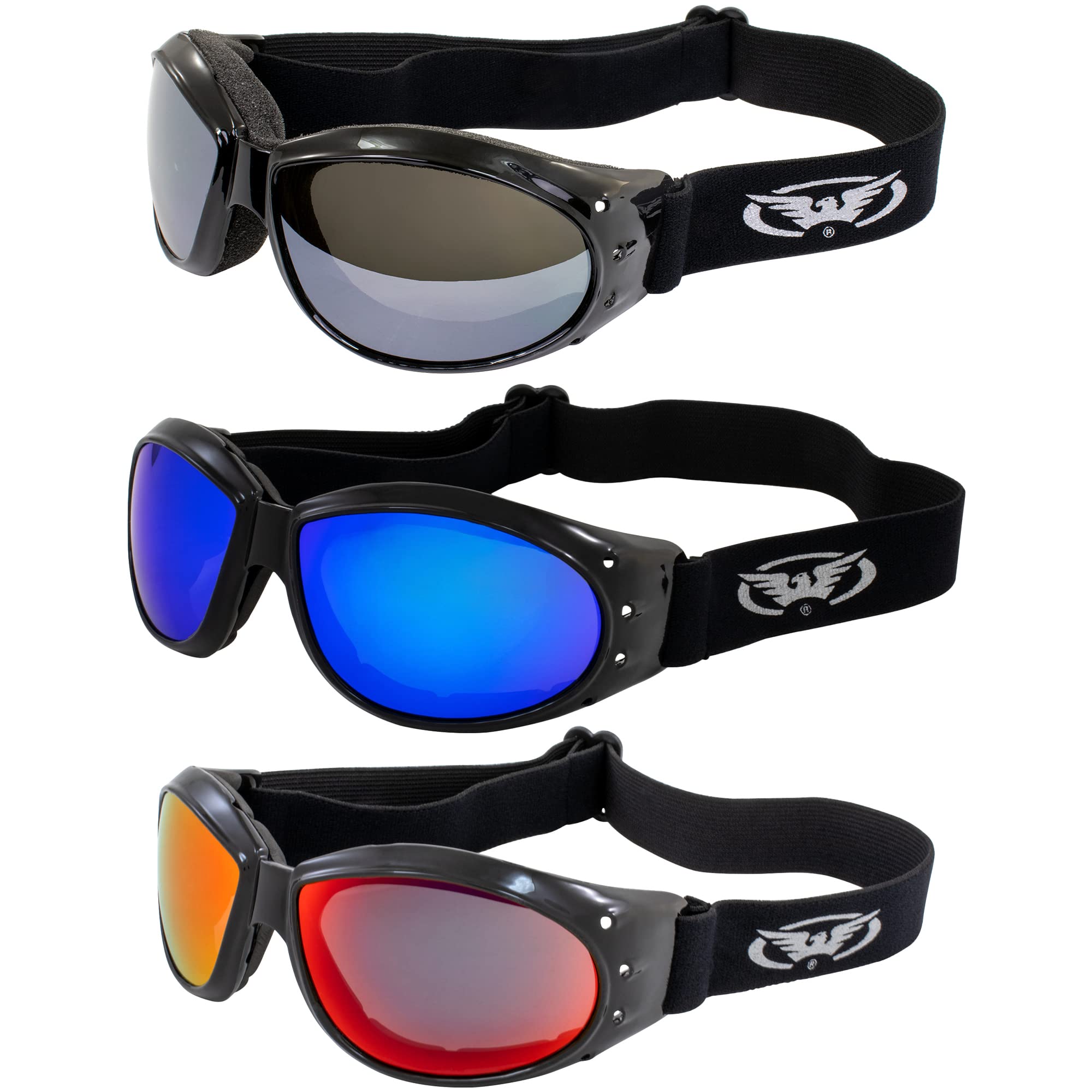 Global Vision Eliminator Dirt Bike Padded Motorcycle Riding Goggles ANSI Z87.1 Anti-Fog 3 Pair Black Frames Flash mirror, Blue Mirror & Red Mirror Lenses