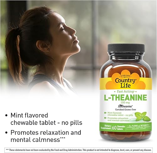Miniatura 2 de Country Life L-teanina de acción rápida 100 mg, 60 tabletas masticables, sabor a menta, certificado sin gluten, certificado vegano