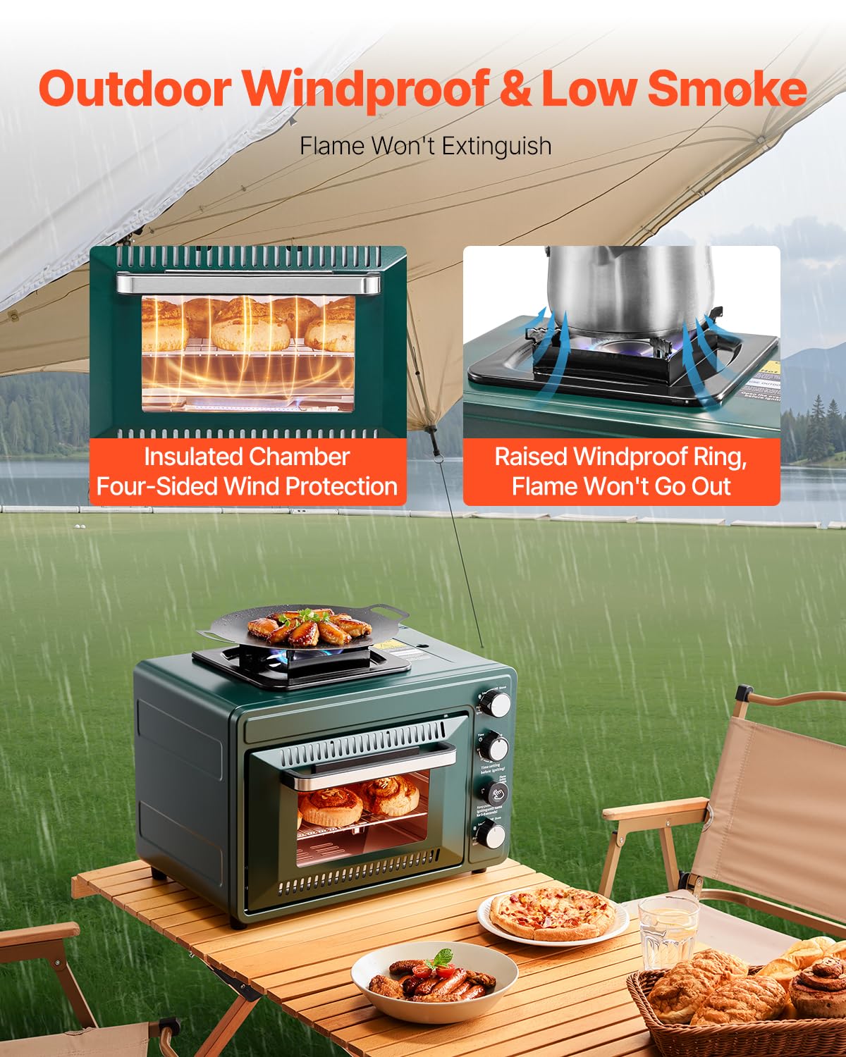VEVOR Outdoor Ofen 2 in 1 tragbarer Campingofen, einstellbare Feuerrate, 60-Minuten-Timer, winddicht, mit Grillrost und Bratblech, für Campingausrüstung Picknick im Garten Kochen im Freien