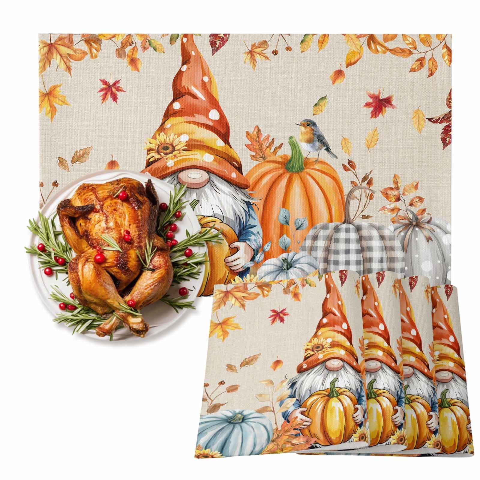 Chlophy Fall Placemats Set Of 4 - Embroidered Pumpkin & Leaves Design, 13x18 Inch, Farmhouse Thanksgiving Table Decor - View #7