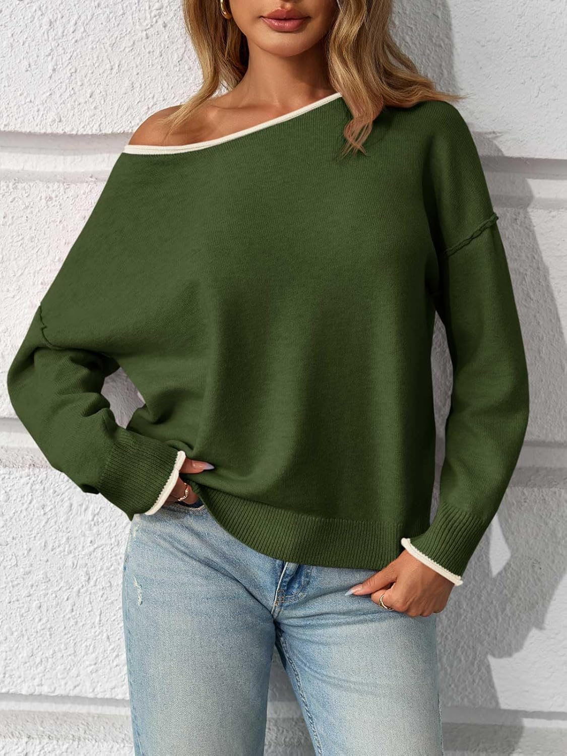 Saodimallsu Womens Off The Shoulder Sweater Oversized Long Sleeve Knit Sweaters 2025 Casual Color Block Trendy Jumper Tops - Image 2