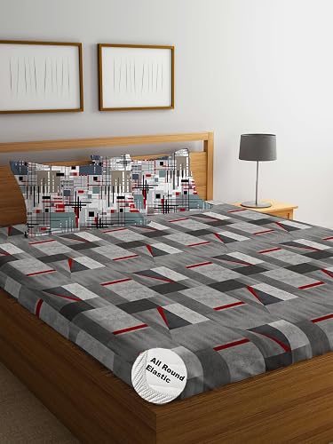 DECOMIZER Cotton Feel Glace Cotton Elastic Fitted Printed King Size Double Bed Bedsheet with 2 Pillow Coverm Fits Upto 10 to 12 inches Mattress,Size- 72x78x14 Inches,Grey Red Box