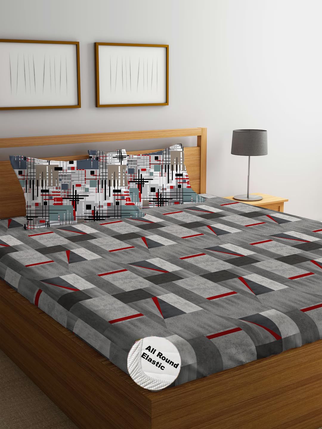 DECOMIZER Cotton Feel Glace Cotton Elastic Fitted Printed King Size Double Bed Bedsheet with 2 Pillow Coverm Fits Upto 10 to 12 inches Mattress,Size- 72x78x14 Inches,Grey Red Box