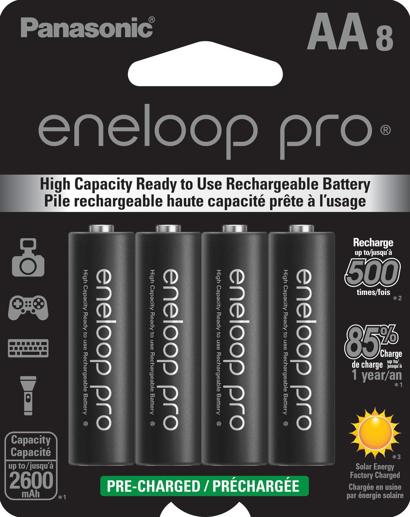 Panasonic Eneloop Pro AA High Capacity Ni-MH Pre-Charged Rechargeable Batteries, 8-Pack