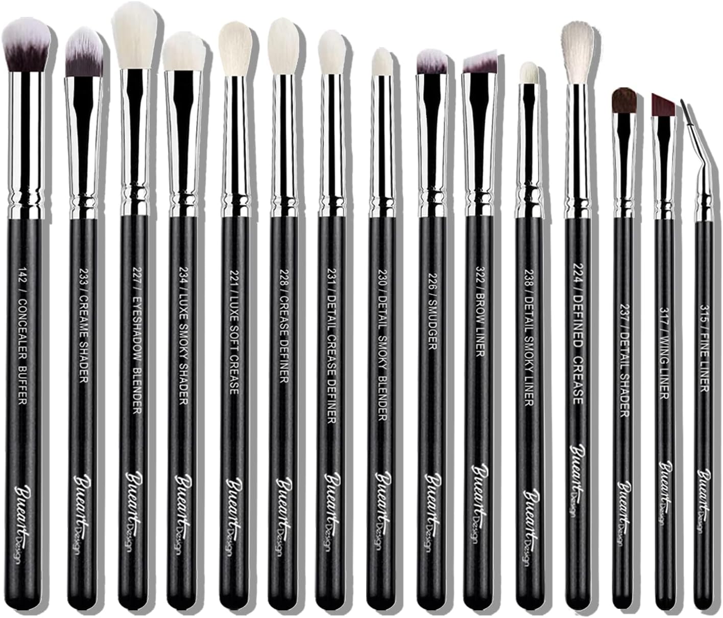 Bueart Design 15Pcs Pro Natural Hair Eyeshadow Makeup Brush Set kits for powder cream liquid eyeshadow blending, Luxury Professional Goat and Pony Hair Bristles Precision eyeshadow brushes