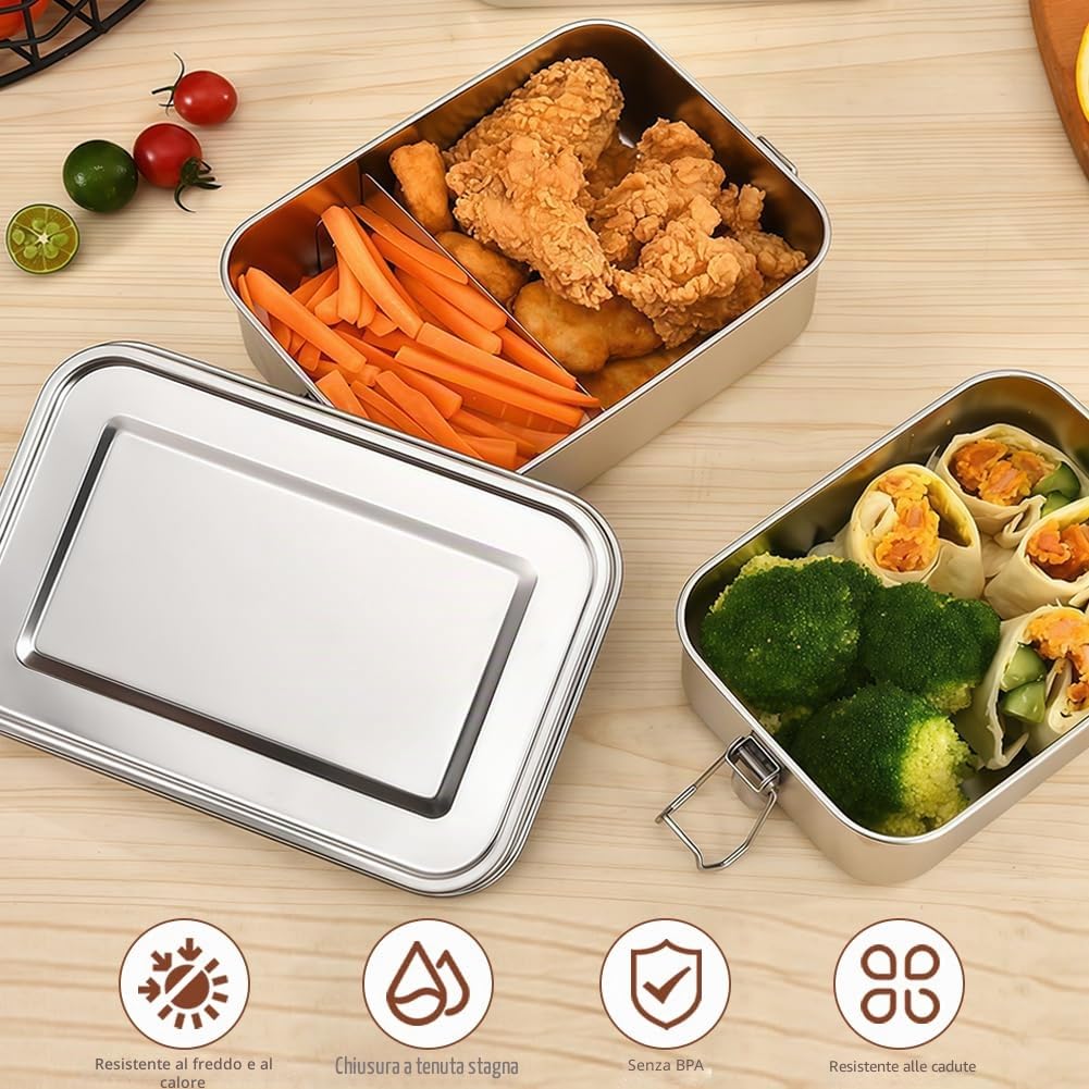 Contenitore per Il Pranzo in Acciaio Inox, Porta Pranzo in Acciaio con 2 Scomparti 1200ml, Senza BPA, Bento Lunchbox Prova di Perdite per Adulti e Bambini