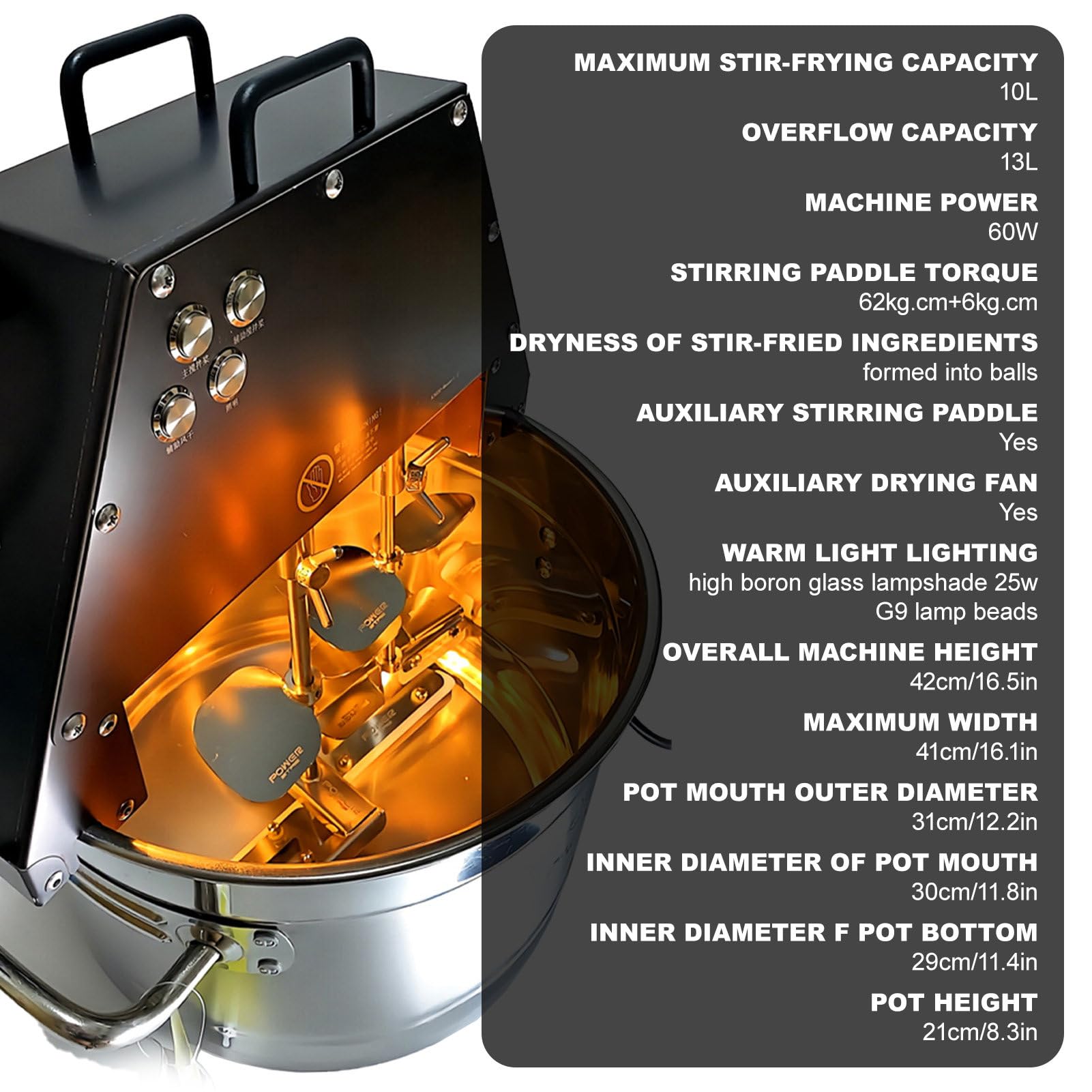 Pentola Elettrica per Mescolare Alimenti con Doppia Pala, Frullatore Professionale per Marmellate da 60 W - capacità Massima 10 L, con Ventola/Luce Ausiliaria per Asciuga,