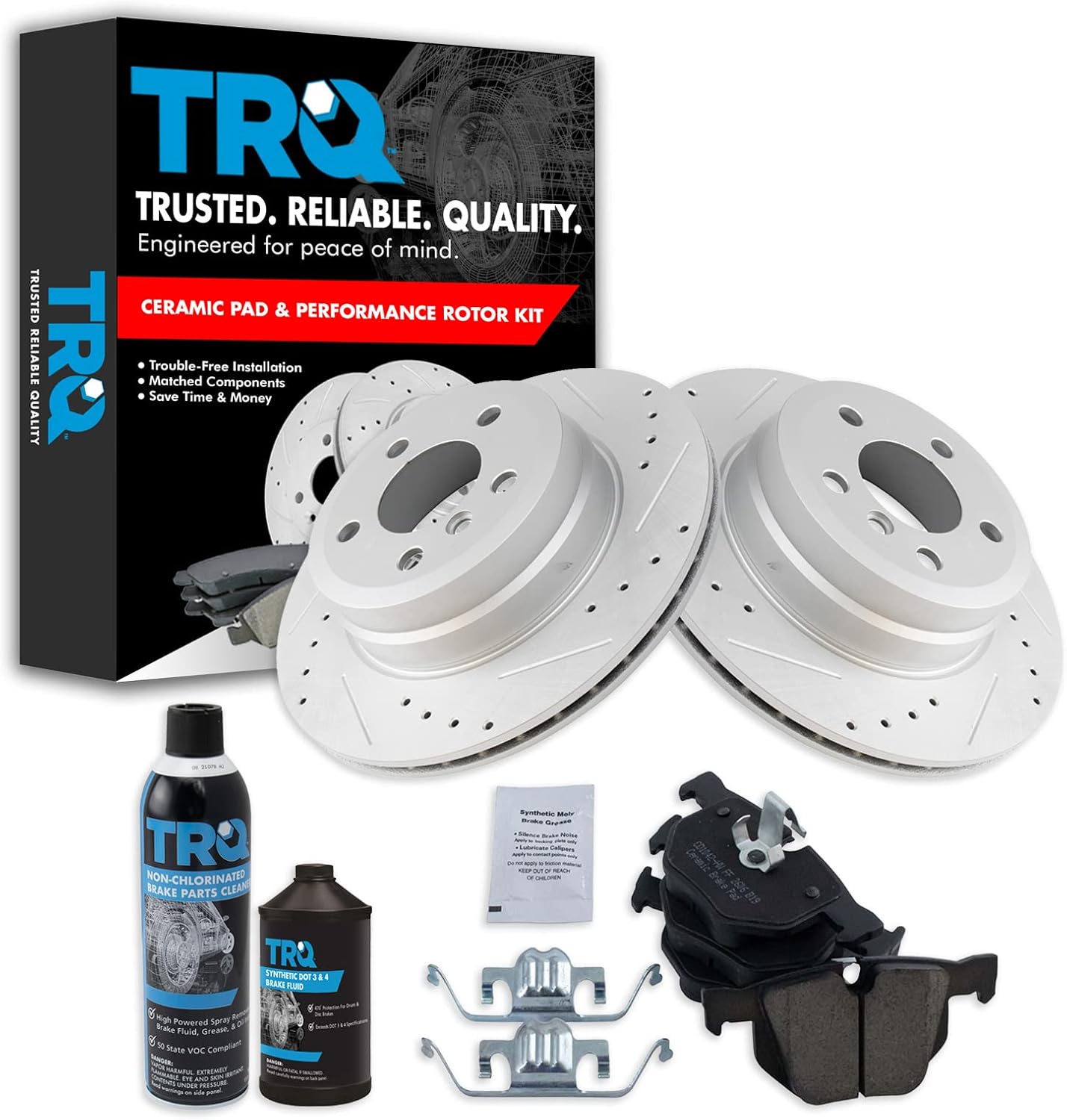 TRQ Rear Performance Brake Pad & Rotor Kit Brake Chemical Kit Brake Pads Brake Rotors Set Ceramic Premium G-Coated Compatible with 2007-2018 BMW X5 2010-2018 X6