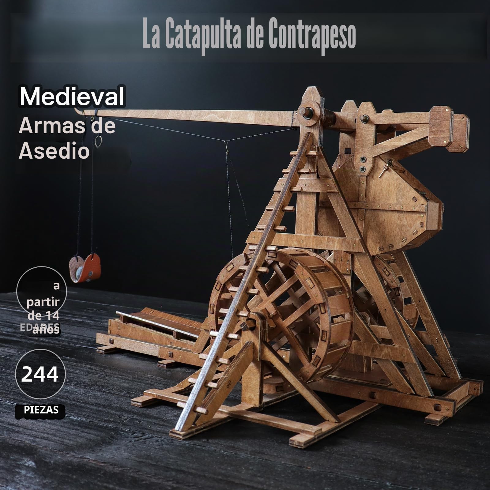 MINI Contrapeso Trebuchet con Rueda Europa Medieval Siege Chariot Armas DIY Rompecabezas de Madera Modelo Kits para Adultos Proyectos STEM Juguetes de Escritorio Regalo para niños/niñas
