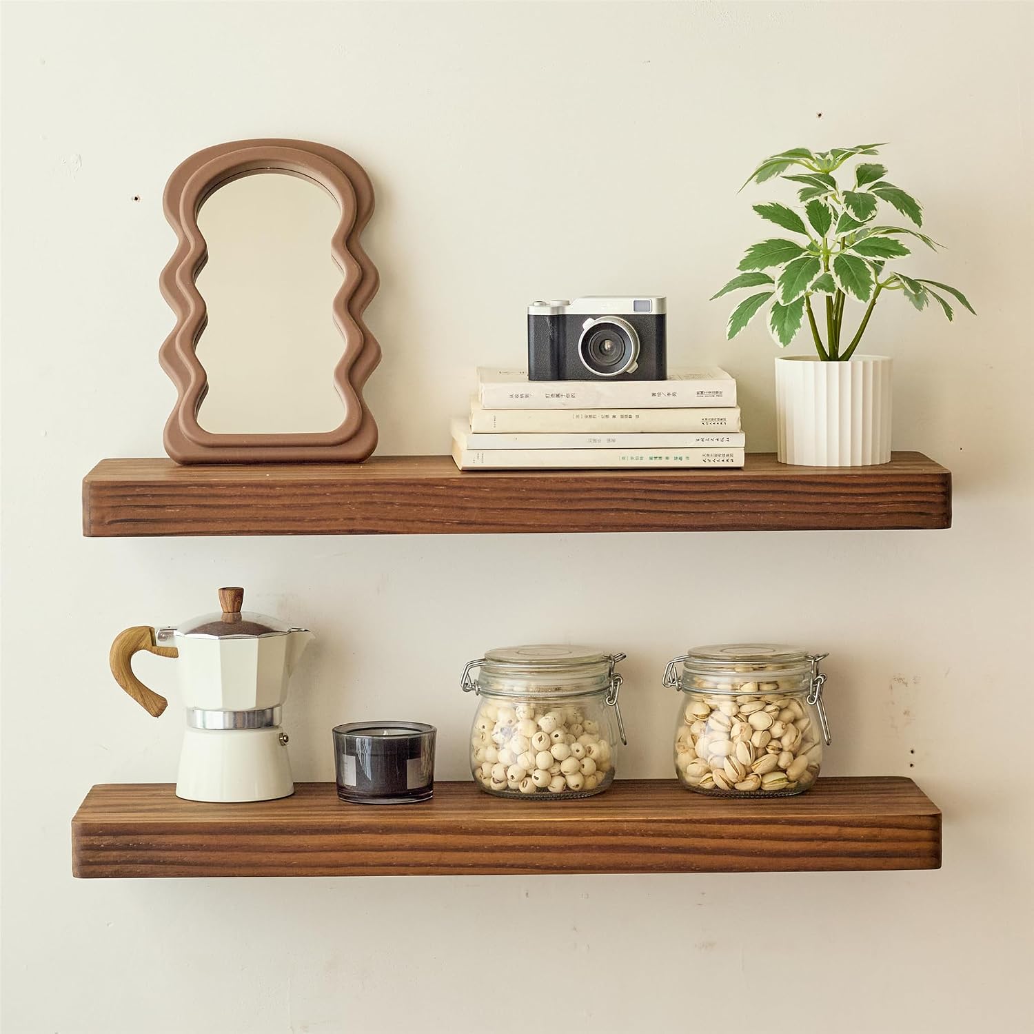 Solid Wood Floating Shelves for Wall 24 Inch Walnut, Wooden Bathroom Shelf | Real Wood, Wall Mounted, Rustic Farmhouse, Bedroom Kitchen Living Room, Walnut Finish, 24W x 6,7D, Set of 2 image 3
